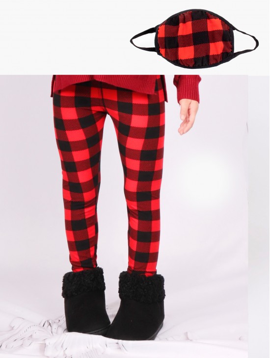 Kids Color Plaid Stretchy Legging & Reversible Fabric Face Mask Matching Set (LG1040 & PM101373)